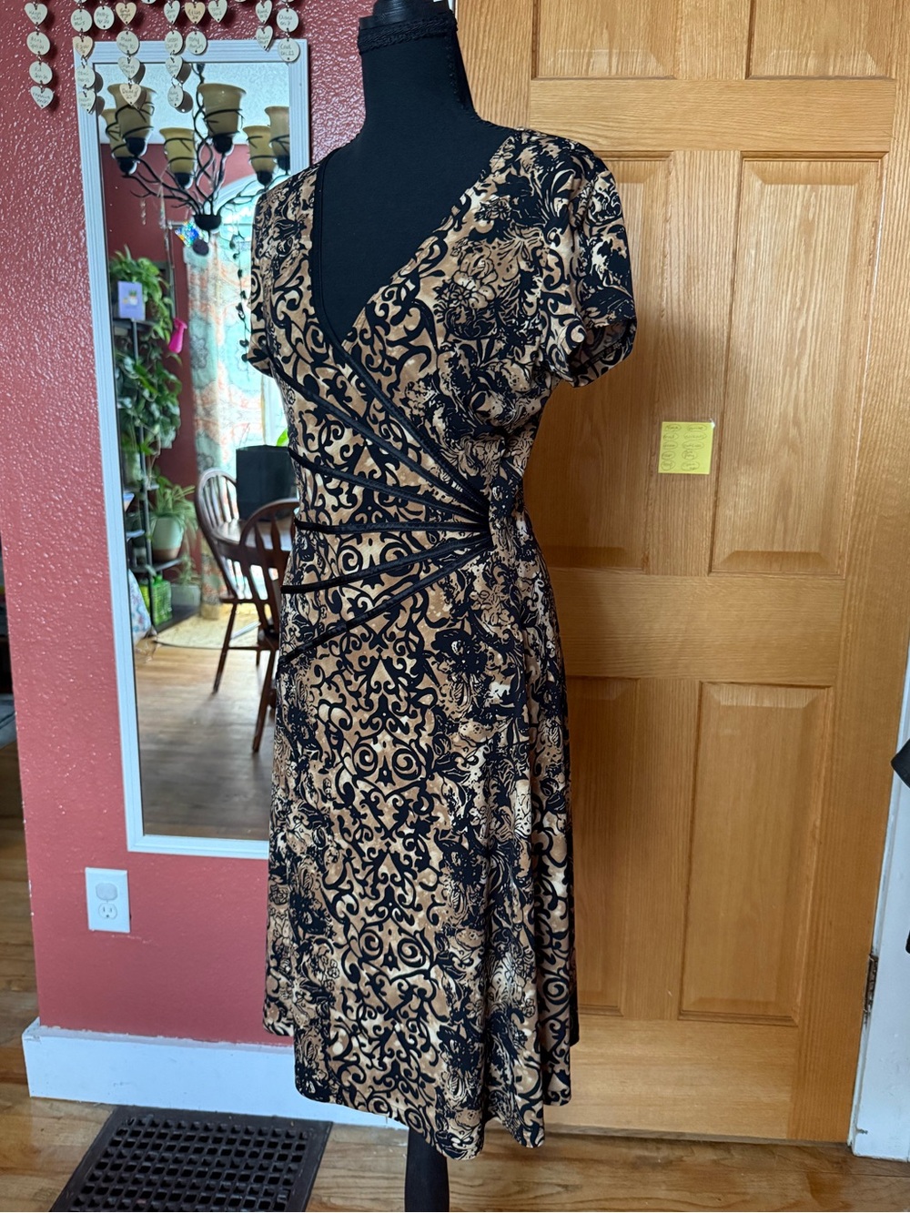 connected apparel Black and Tan Floral-Scroll Wrap Midi Dress